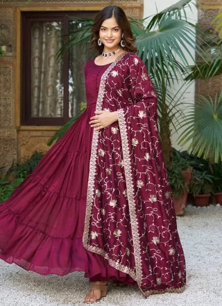 Burgundy Vichitra Silk Plain Work  Designer Gown