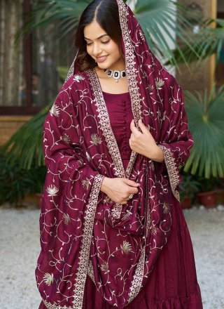Burgundy Vichitra Silk Plain Work  Designer Gown