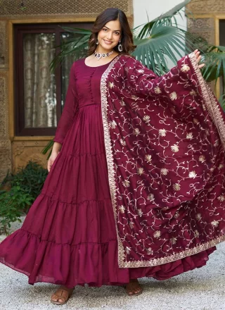 Burgundy Vichitra Silk Plain Work  Designer Gown