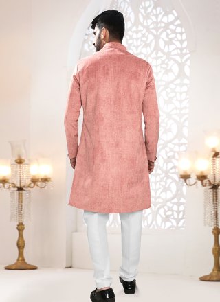 Buttons and Plain Work Velvet Indo Western In Pink