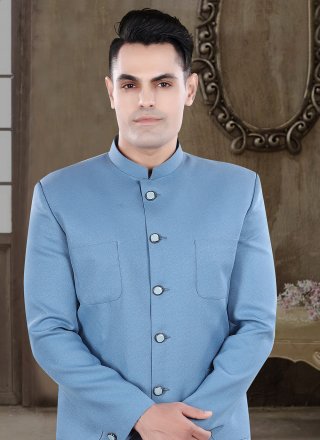 Buttons and Plain Work Viscose Jodhpuri Suit In Aqua Blue for Ceremonial