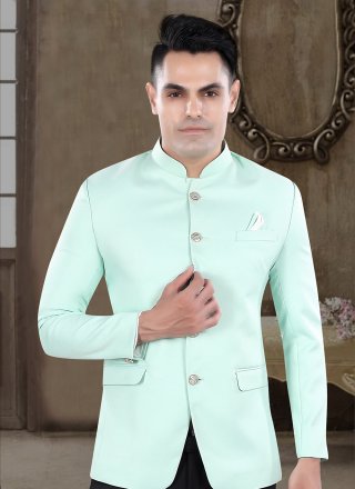 Buttons and Plain Work Viscose Jodhpuri Suit In Green Color