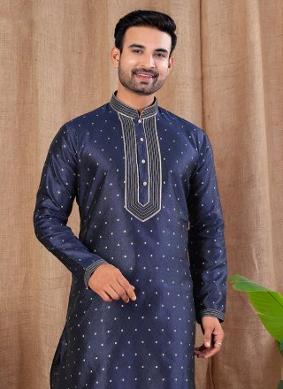Buttons and Thread Work Jacquard Kurta Pyjama In Blue Color
