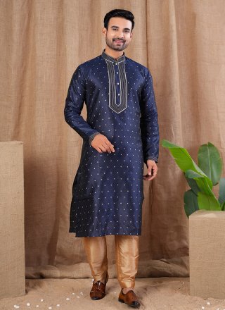 Buttons and Thread Work Jacquard Kurta Pyjama In Blue Color