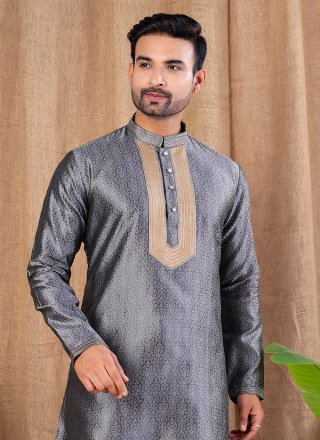 Buttons and Thread Work Jacquard Kurta Pyjama In Grey Color