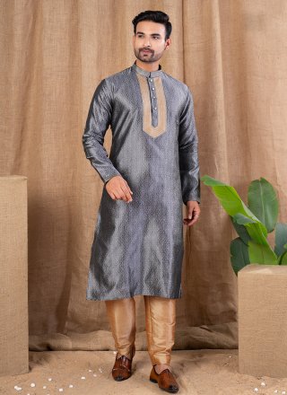 Buttons and Thread Work Jacquard Kurta Pyjama In Grey Color