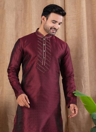 Buttons and Thread Work Jacquard Kurta Pyjama In Maroon