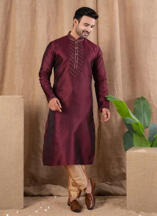 Buttons and Thread Work Jacquard Kurta Pyjama In Maroon