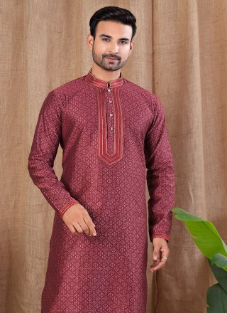 Buttons and Thread Work Jacquard Kurta Pyjama In Maroon Color