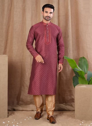 Buttons and Thread Work Jacquard Kurta Pyjama In Maroon Color