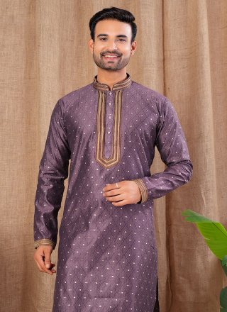Buttons and Thread Work Jacquard Kurta Pyjama In Wine Color