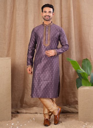 Buttons and Thread Work Jacquard Kurta Pyjama In Wine Color