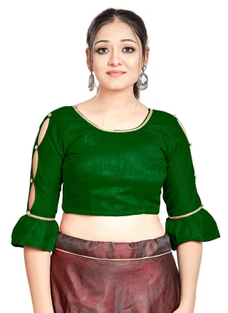 Buttons Work Art Silk Blouse In Green