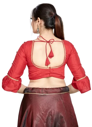 Buttons Work Art Silk Blouse In Red for Festival