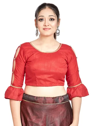 Buttons Work Art Silk Blouse In Red for Festival