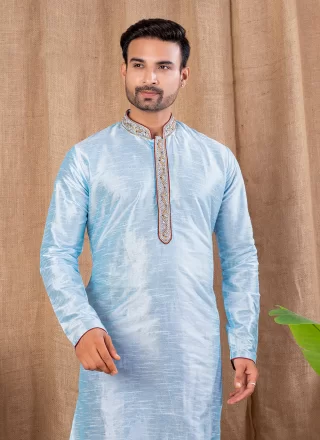 Buttons Work Art Silk Kurta Pyjama In Aqua Blue for Ceremonial