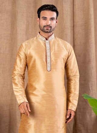 Buttons Work Art Silk Kurta Pyjama In Brown Color
