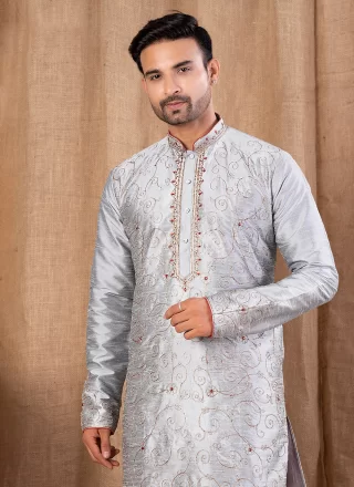 Buttons Work Art Silk Kurta Pyjama In Grey Color