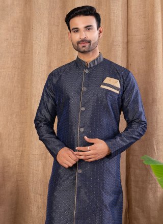 Buttons Work Jacquard Indo Western In Blue Color