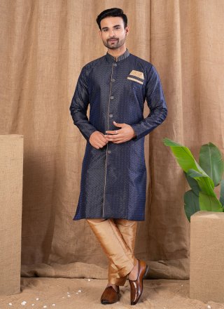 Buttons Work Jacquard Indo Western In Blue Color