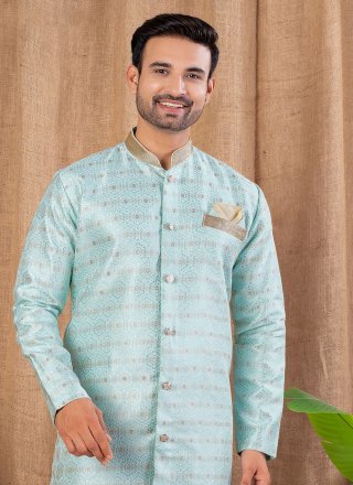 Buttons Work Jacquard Indo Western In Firozi for Ceremonial