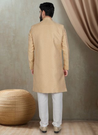 Buttons Work Jacquard Indo Western In Mustard Color