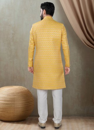 Buttons Work Jacquard Indo Western In Yellow for Ceremonial