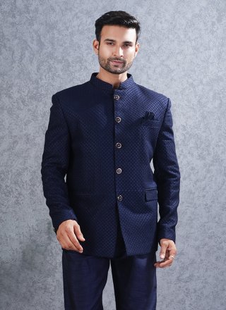 Buttons Work Lucknowi Jodhpuri Suit In Blue Color