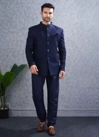 Buttons Work Lucknowi Jodhpuri Suit In Blue Color