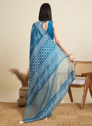 Capricious Blue Cotton Classic Saree with Print and Sequins Work