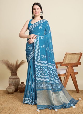Capricious Blue Cotton Classic Saree with Print and Sequins Work