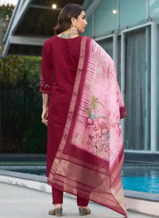 Capricious Wine Silk Salwar Suit with Embroidered Work