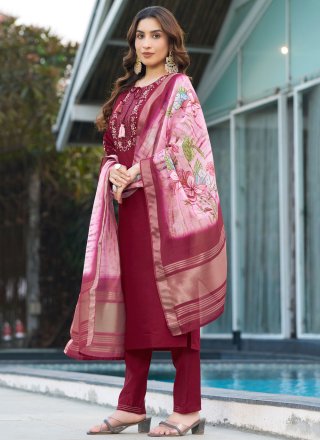 Capricious Wine Silk Salwar Suit with Embroidered Work