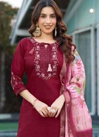 Capricious Wine Silk Salwar Suit with Embroidered Work