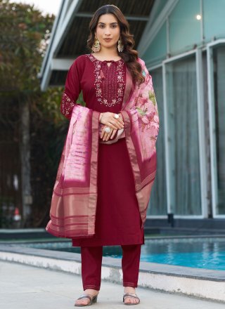 Capricious Wine Silk Salwar Suit with Embroidered Work
