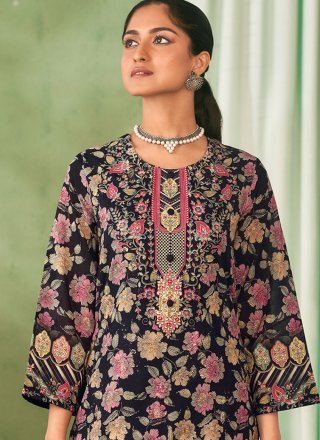 Celestial Black Cotton Lawn Salwar Suit with Embroidered, Floral Patch, Resham and Sequins Work