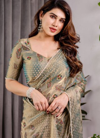 Celestial Firozi Chiffon Traditional Saree with Patch Border, Pearls, Weaving and Zari Work