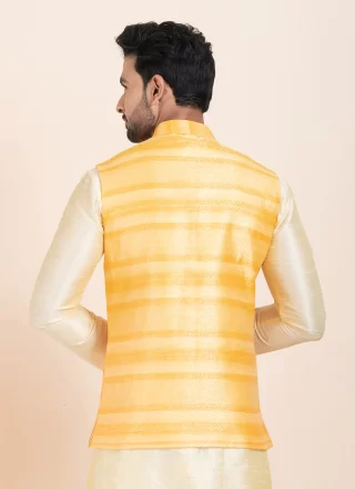 Celestial Yellow Cotton Nehru Jackets with Jacquard Work