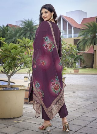 Chanderi Pant Style Suit In Wine Color