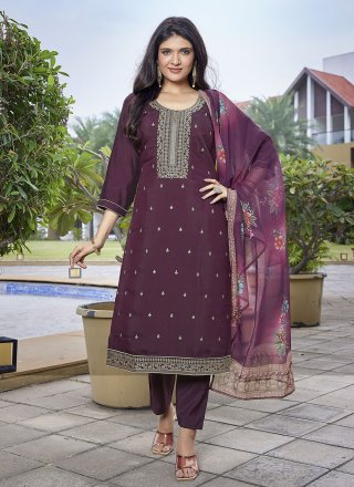 Chanderi Pant Style Suit In Wine Color