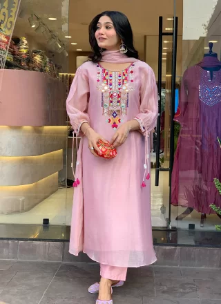 Chanderi Silk Pant Style Suit with Aari and Embroidered Work
