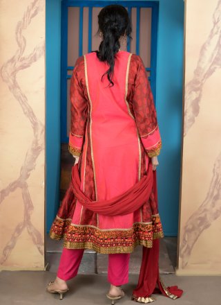 Chanderi Silk Readymade Salwar Suit In Rani Color
