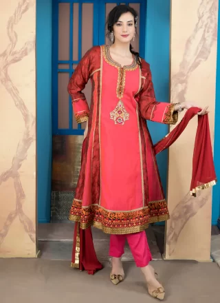 Chanderi Silk Readymade Salwar Suit In Rani Color