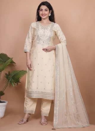 Chanderi Silk Salwar Suit In Cream Color