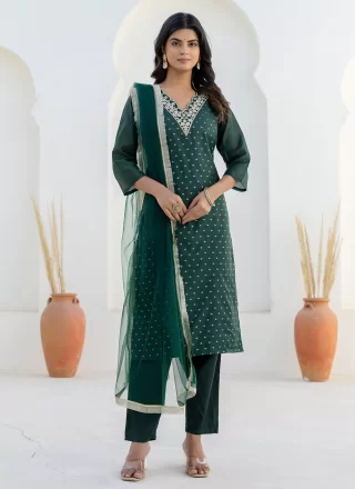 Chanderi Silk Salwar Suit In Green Colour