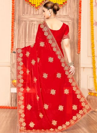 Charming Red Silk Contemporary Sari with Embroidered and Zari Work