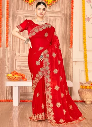 Charming Red Silk Contemporary Sari with Embroidered and Zari Work