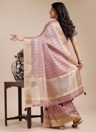 Checks and Jacquard Work Organza Contemporary Saree In Pink and Rust for Casual