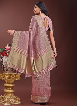 Checks and Jacquard Work Organza Trendy Saree In Magenta for Festival