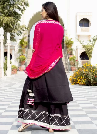 Checks and Lace Work Cotton Palazzo Salwar Suit In Black for Ceremonial